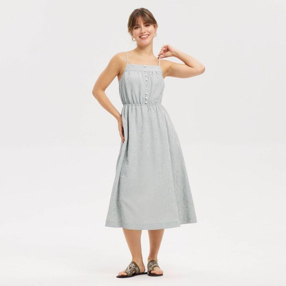 Women's Button-Front Smocked Midi A-Line Dress - Universal Thread Gray Striped S